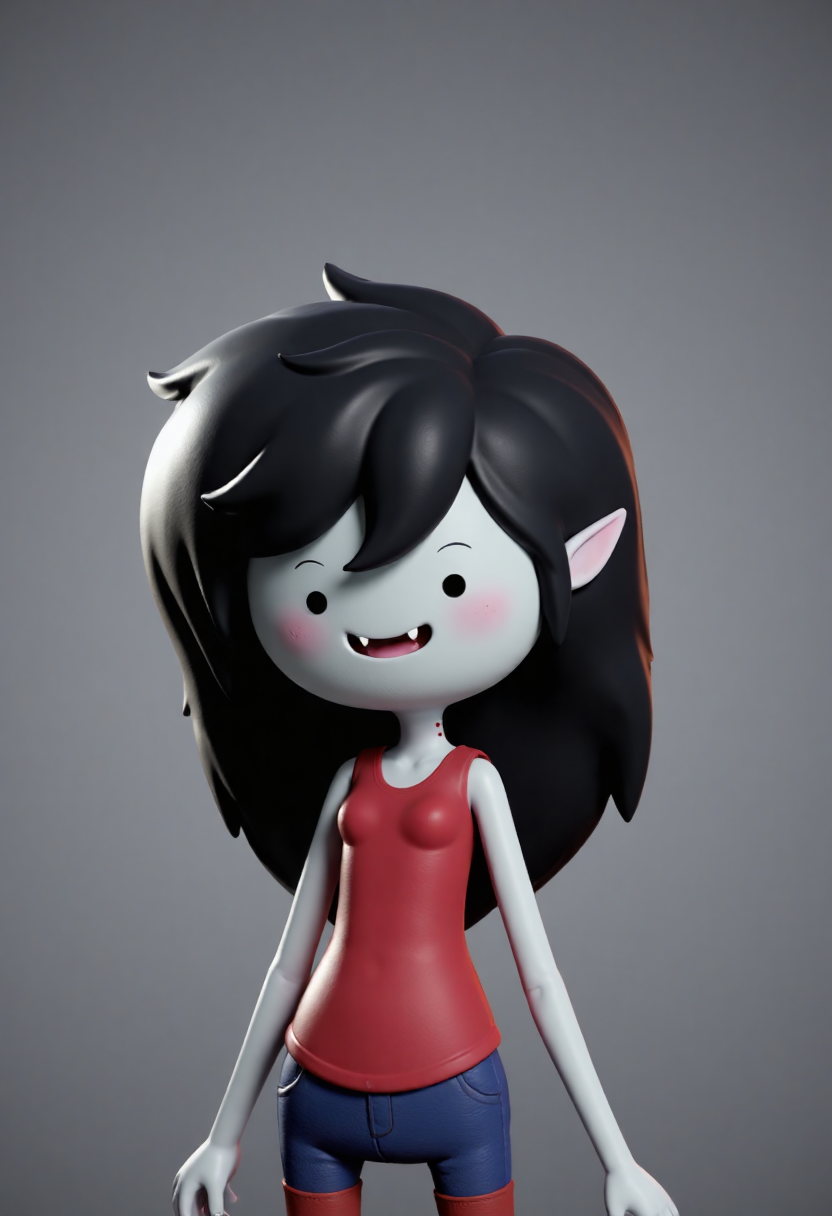 a highly detailed cgi (computer-generated imagery) rendering of Marceline Abadeer with a whimsical, cartoonish appearance, she has a wide, mischievous grin, the background is a simple gradient of light to dark grey, ensuring that the focus remains on the character, the overall style is reminiscent of contemporary anime or manga art, with smooth, glossy textures and a slightly exaggerated, stylized appearance<lora:CustomFlux/Marceline_Abadeer.safetensors:1.0:1.0>