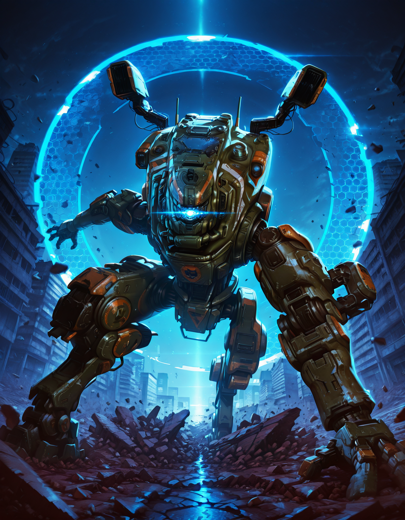 IllusP0s, titan_\(titanfall\),bt-7274,mecha,detailed, barrier of blue energy field with hexagonal pattern,solo, on one knee
, night,  no humans,superhero landing, perspective, fisheye
,no humans,solo,  debris, broken street, absract background, blue theme, hexagon pattern,  looking at viewer ,ground shatter
, <lora:titanfall:1>
