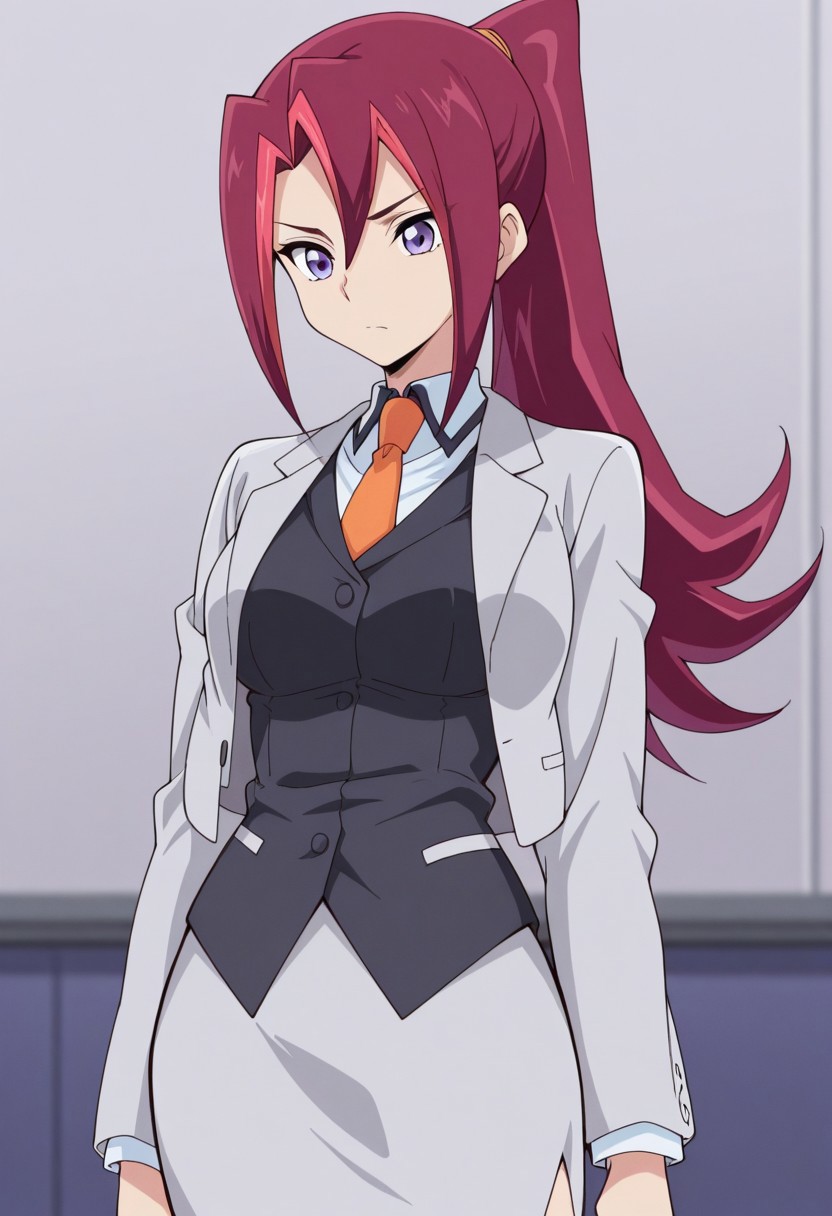 masterpiece,best quality,amazing quality, source_anime, 
KariTsukumo, 1girl, solo, purple eyes, red hair, long hair, ponytail, multicolored hair, shirt, collared shirt, necktie, orange necktie, vest, black vest, jacket, grey jacket, skirt, grey skirt,