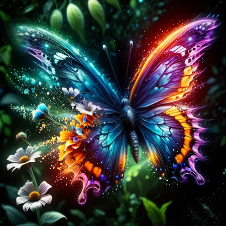 glass butterfly, on neon flower in enchanted forest, ultra detailed, realistic, <lora:ral-dissolve:1.4> , ral-dissolve, vivid colors, volumetric lighting,