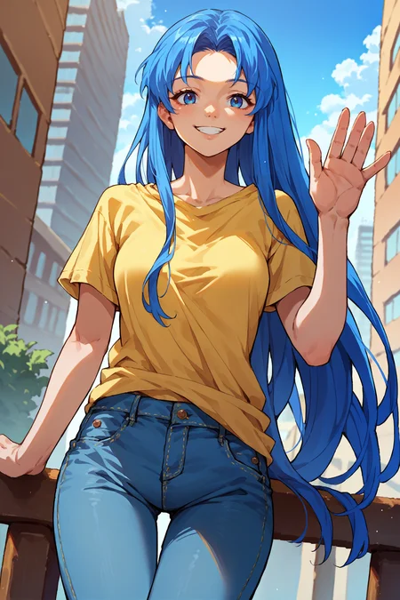 score_9, score_8_up, score_7_up, score_6_up, source_anime, 1girl, solo, <lora:ysfeena-pdxl-nvwls-v1-000004:1> ysFeena, blue hair, very long hair, blue eyes, breasts, yellow t-shirt, jeans, looking at you, smile, waving, medium breasts, city, blue sky
