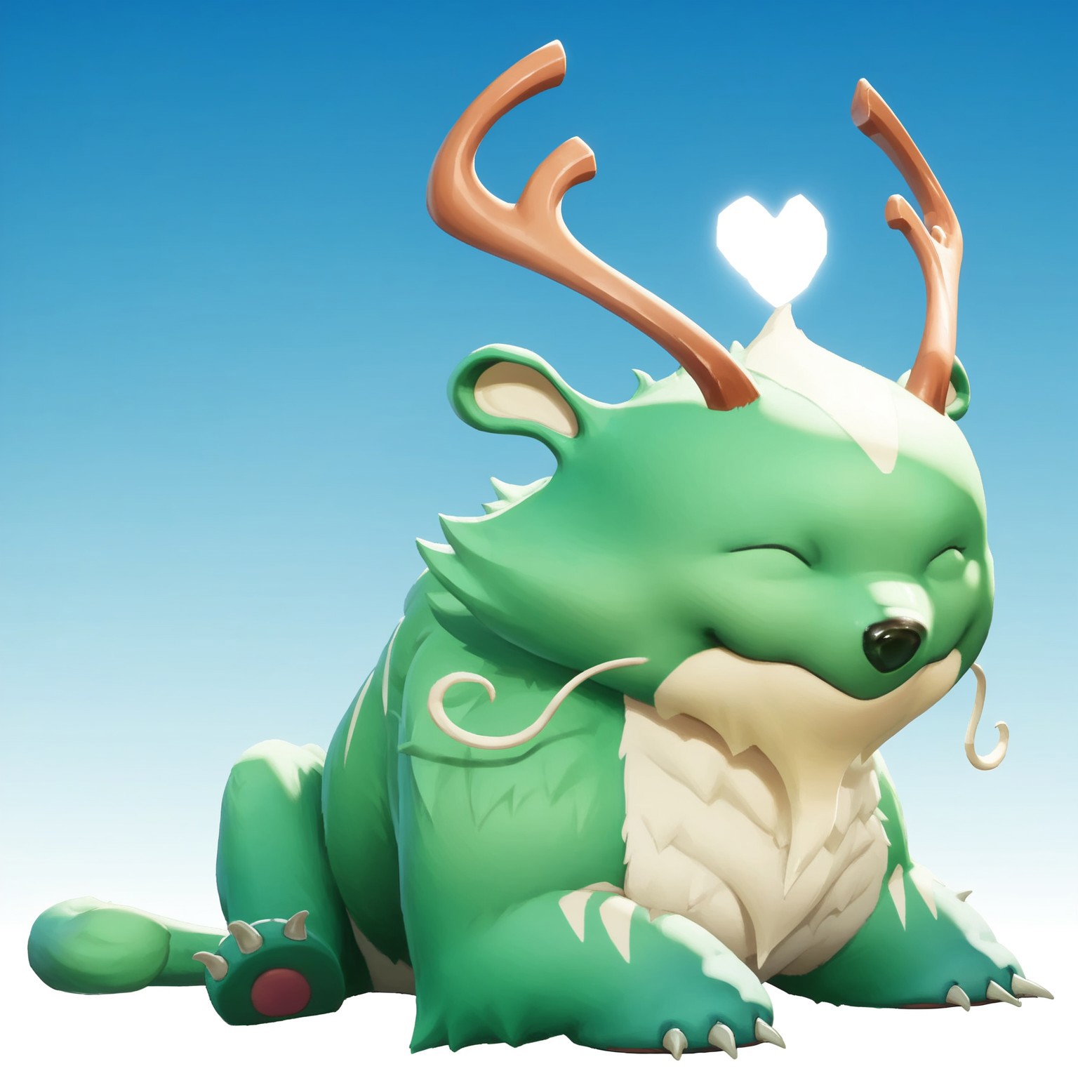 score_9, score_8_up, score_7_up, masterpiece, best quality, highly detailed, realistic, 1girl, solo, (ReindogMV, furry, feral, canine, reindeer, hybrid, antlers, eyes closed, floating heart, black nose, white inner ear, white whiskers, green body, green fur, white body, white fur, sitting), smile, closed mouth, Expressiveh, blue background, simple background, 3 toes, 3 fingers, claws, toe claws