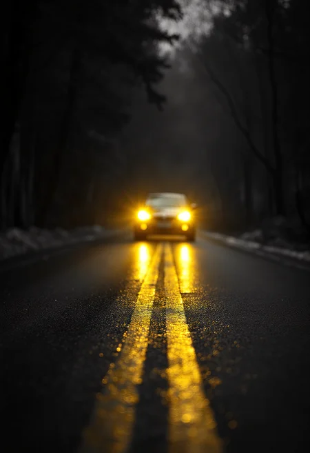 Black and White road scene with two yellow car headlights in the distance, Vibrant Glow