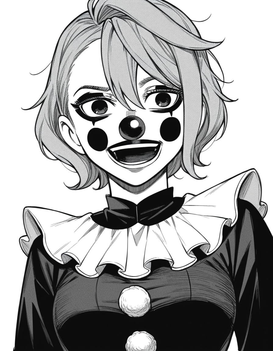 score_9, score_8_up, score_7_up, source_anime, <lora:aira-shiratori-manga-ponyxl-lora-nochekaiser:1>, aira shiratori, monochrome, greyscale, short hair, sidelocks, bangs, hair between eyes, medium breasts,, <lora:clown-ponyxl-lora-nochekaiser:1>, clown, makeup, clown nose, facepaint, gloves, long sleeves, frills, dress,, smile, open mouth, smug, , dutch angle, cowboy shot