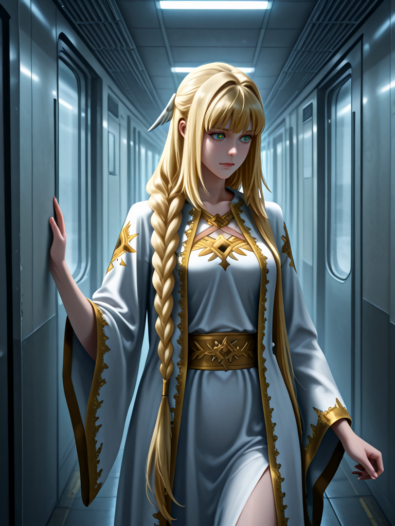 masterpiece,high quality,highres,absurdres,(<lora:Dolores Quovadis22:1>,1 girl,solo,long hair straight hair,blonde hair,thick braid,long braid,straight fringe,wing hair ornament,green eyes,cross pupils || Dolores_Quovadis_ceremonial,white ceremonial dress,long robe,gold embroidery,golden trim,wide sleeves,high waist sash),
fog-diffused light in an abandoned subway, a female detective walking cautiously through the darkness.,
<lora:Half_Art_Style_IL:1>,