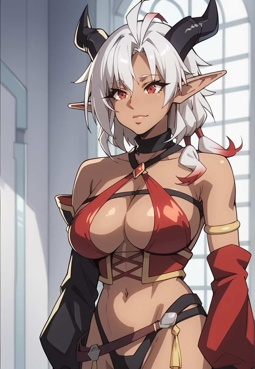 <lora:CaschAnimations-10:0.9> CAStyle, <lora:HeineOfTheFlameNSLT:1> HeineOTF, black horns, white hair, dark-skinned female, red eyes, pointy ears, large breasts, cleavage, black choker, armlet, detached sleeves, red sleeves, black sleeves, 16k, masterpiece, absurdes, highly detailed, highres, high quality, best quality, score_9, score_8_up, score_7_up, score_6_up, shiny, shiny skin, shiny hair