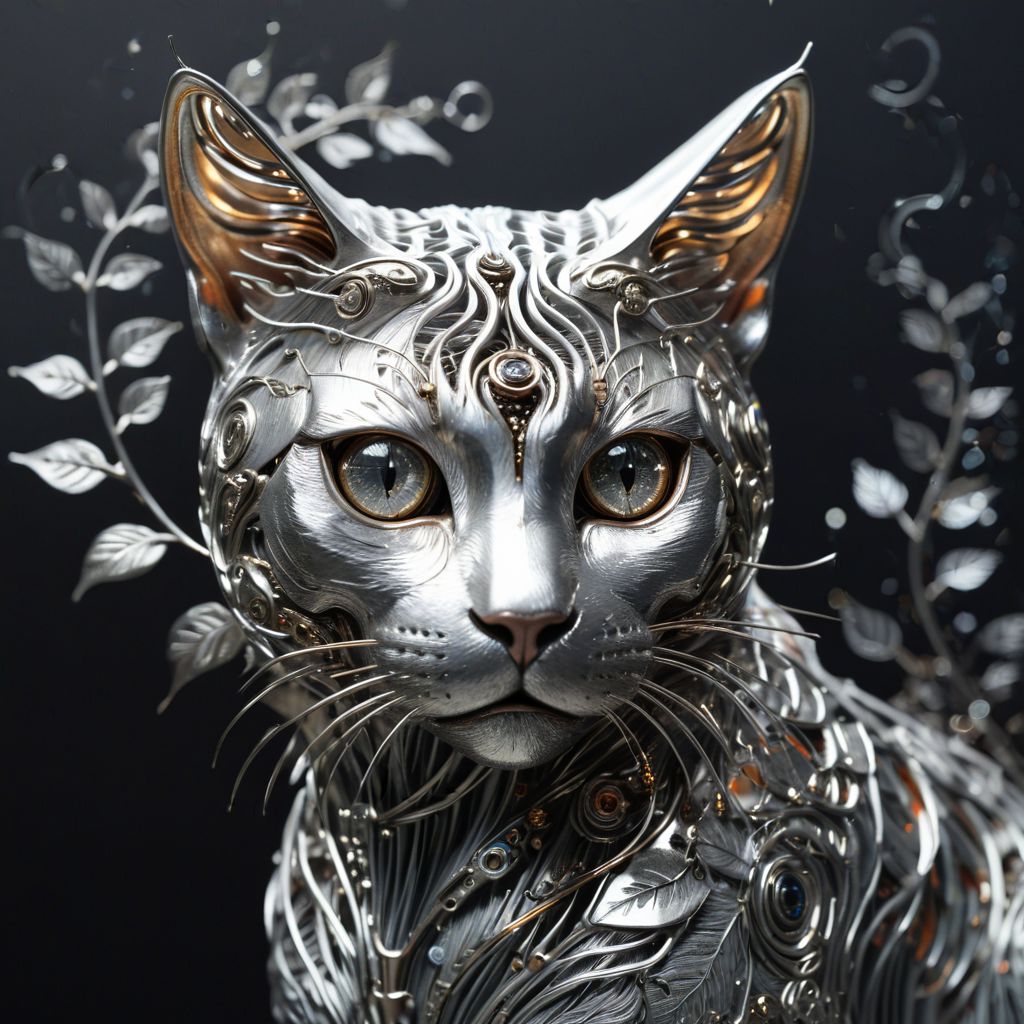 Hyperrealistic biomechanical cat, glowing eyes, reflective silver metal, intricate leaf and vine details, circular composition, sparkles swirling around the cat, dark bokeh background