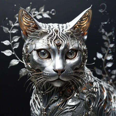 Hyperrealistic biomechanical cat, glowing eyes, reflective silver metal, intricate leaf and vine details, circular composition, sparkles swirling around the cat, dark bokeh background