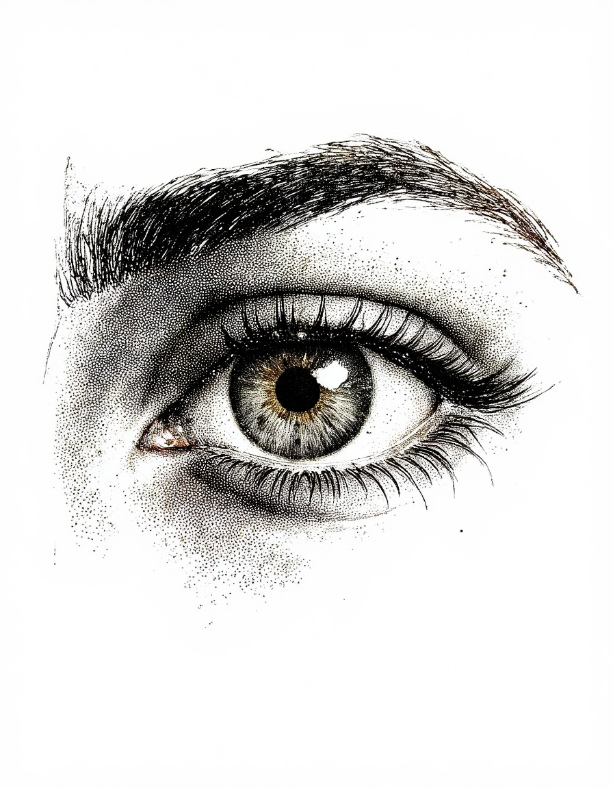 Art by Marina Richterova. A black and white halftone illustration of a human eye, drawn in a realistic style with a focus on the iris and eyelashes. the eye is centered in the image, with a simple white background that complements the intricate details of the black dots. the image is a close-up view of the eye, showing the individual's eyelashes and the inner part of the human eye. the eyelashes are long and curled, and the eyelid is slightly open, giving a sense of depth and dimension to the image. the overall effect is a detailed and realistic representation of a person's eye, with no visible signs of wear or tear.