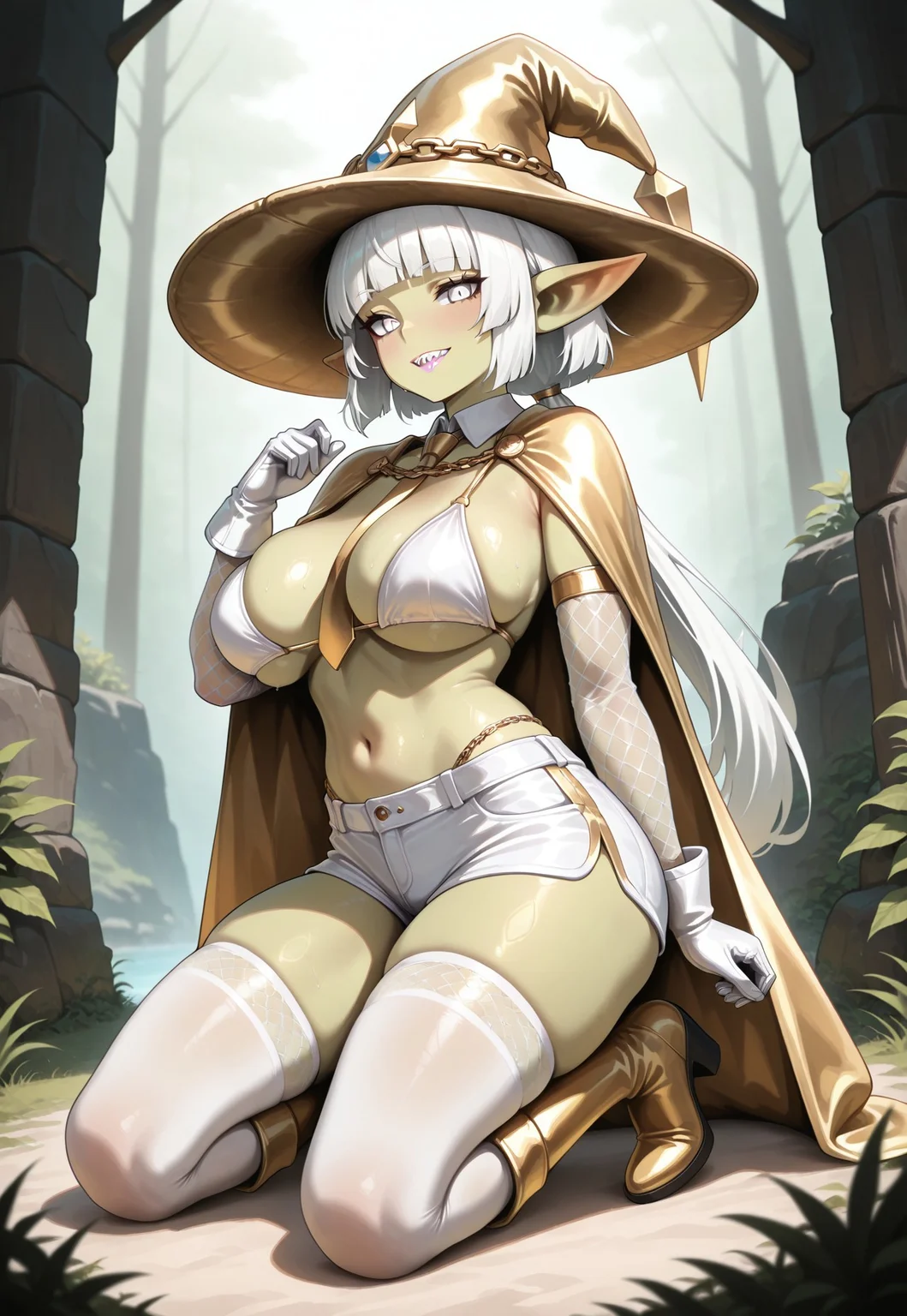 masterpiece, best quality, newest, absurdres, very aesthetic,solo,1 girl,goblin,goblin girl,green skin,white hair,white eyes,white lips,hime_cut, low_ponytail,white lipstick,golden chain,golden boots,golden cape,golden necktie,white fishnets sleeves, white fishnets stockings,white bikini,white cargoshorts,golden chain on shorts, white leather gloves,white sharp teeth,large breasts,(sixpack:1.2),kneeling in a fantasy forrest,long ears,Scorpion hat,
