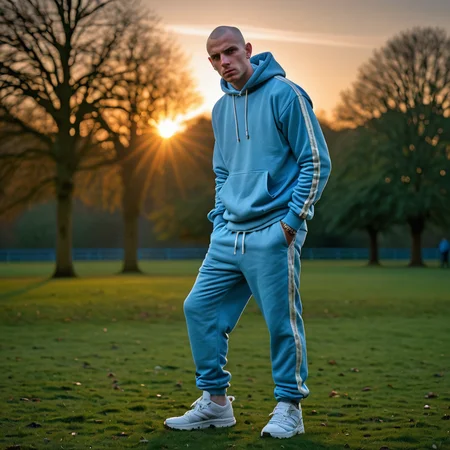 RAW photo, a rough, dirty youngish Mancunian chav, skinhead, he's a mean, rough druggie wearing pastel blue trackies in a Manchester park at sunset, dramatic lighting, atmospheric, intricate detail