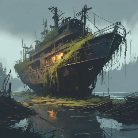 sketch, A hauntingly beautiful dystopian boatyard, overgrown with vines and moss, where a group of deer roam freely among the rusted shipwrecks, surrounded by intricately detailed trees with glowing leaves, in the style of Jacub Rozalski and Alex Andreev, with a mix of dark and moody colors, industrial elements, and a sense of post-apocalyptic mystery
 <lora:sketch_style:1>