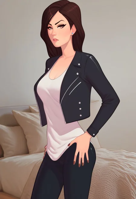 Score_9_up, score_8_up, score_7_up, solo, 1girl, sashall, brown hair, brown eyes, leather jacket, white shirt, torn pants, hands on hip, Expressiveh