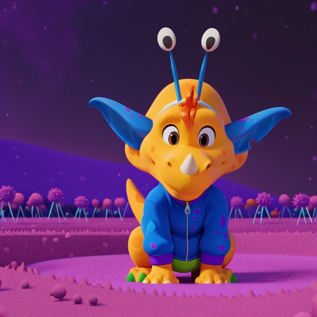 ((masterpiece, best quality, amazing quality,))  billybwil, semi-anthro, male, dinosaur, yellow skin, orange hair tuft, brown eyes, nose horn, blue pointed ears, antennae eyes, blue jacket purple splotches, solo