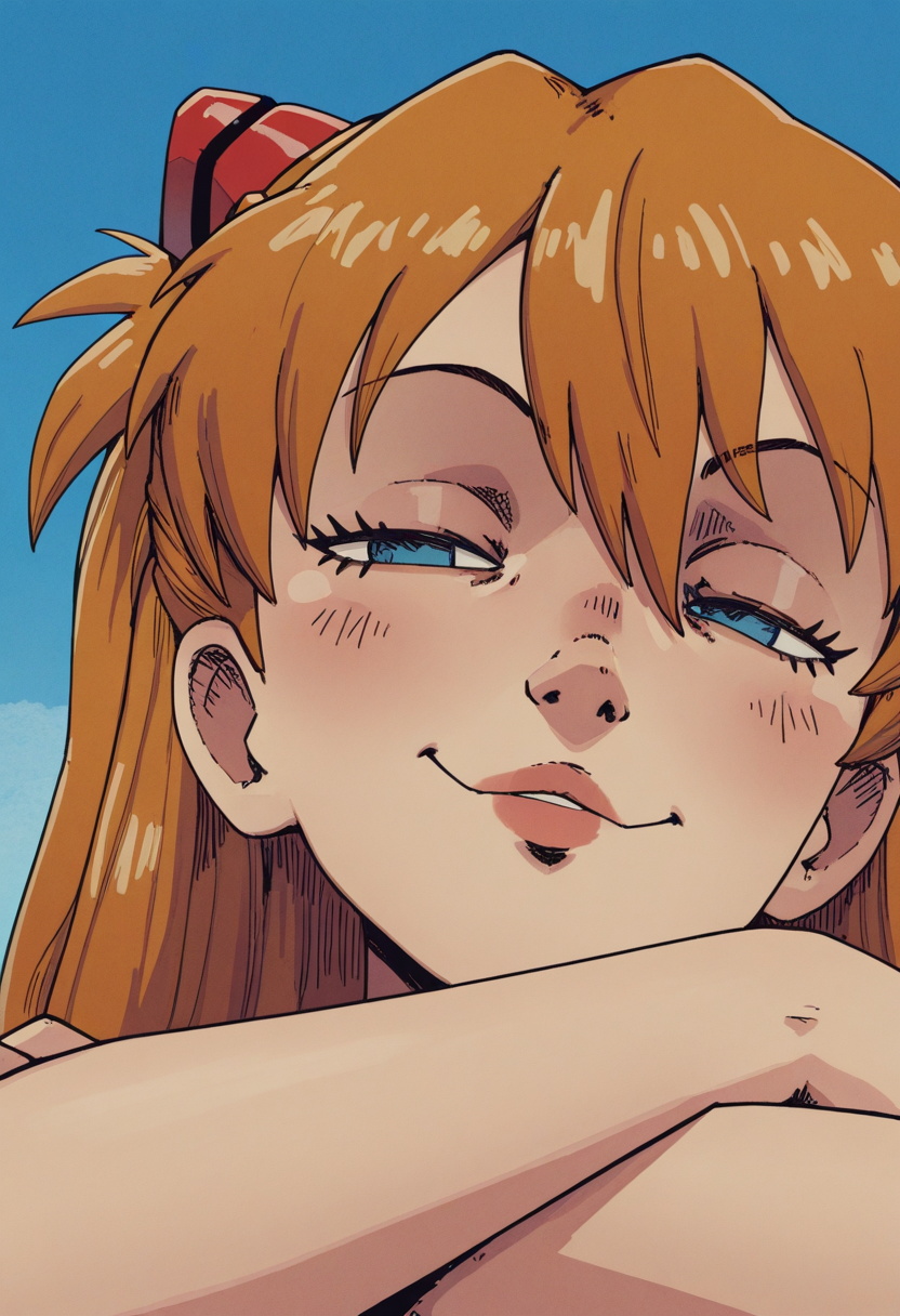 10P3Zstyle, masterpiece, best quality, solo,                                                                                          asuka langley, ginger hair,   smug expression, face shot, blue sky, arms crossed,