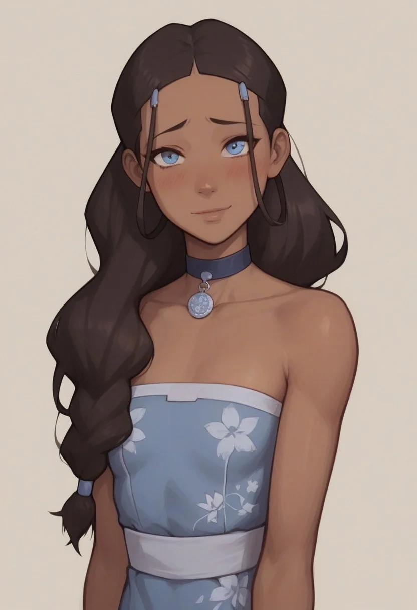 women;
handsfree, bare shoulders, collar bone,
score_9, score_8, score_7, high quality, high detail, masterpiece, sharp lines, blush, small breasts, looking at viewer, shy smile, katara, dark skin, choker, dark-skinned female, brown hair, long hair, shoulder hair, blue eyes, hair ornament
dress floral, lacing detail on dress,