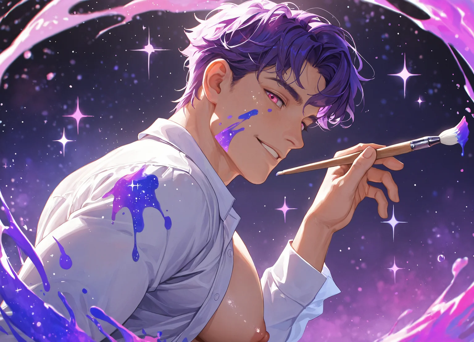 1boy, male focus, muscular, large pectorals, puffy nipples, pink eyes, purple hair, short hair, looking at viewer, open white shirt, long sleeves, smile, upper body, parted lips, collared shirt, holding paintbrush, from side, looking back, paint splatter on face, paint on body, paint on clothes, galaxy nebula paint,
BREAK
watercolor galaxy nebula painting background, swirling paint brush stroke,
BREAK
cinematic, dynamic lighting, dynamic pose, film grain, depth of field, fantasy, bloom, light particles, glitter, sparkle, very awa, masterpiece, best quality, absurdres, newest, perfect quality, detailed background, intricate details, (96yottea:0.9), (artist:penguin_frontier:0.7), (jinhallz:0.5)