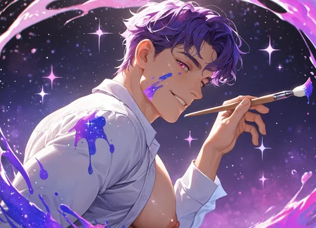 1boy, male focus, muscular, large pectorals, puffy nipples, pink eyes, purple hair, short hair, looking at viewer, open white shirt, long sleeves, smile, upper body, parted lips, collared shirt, holding paintbrush, from side, looking back, paint splatter on face, paint on body, paint on clothes, galaxy nebula paint,
BREAK
watercolor galaxy nebula painting background, swirling paint brush stroke,
BREAK
cinematic, dynamic lighting, dynamic pose, film grain, depth of field, fantasy, bloom, light particles, glitter, sparkle, very awa, masterpiece, best quality, absurdres, newest, perfect quality, detailed background, intricate details, (96yottea:0.9), (artist:penguin_frontier:0.7), (jinhallz:0.5)