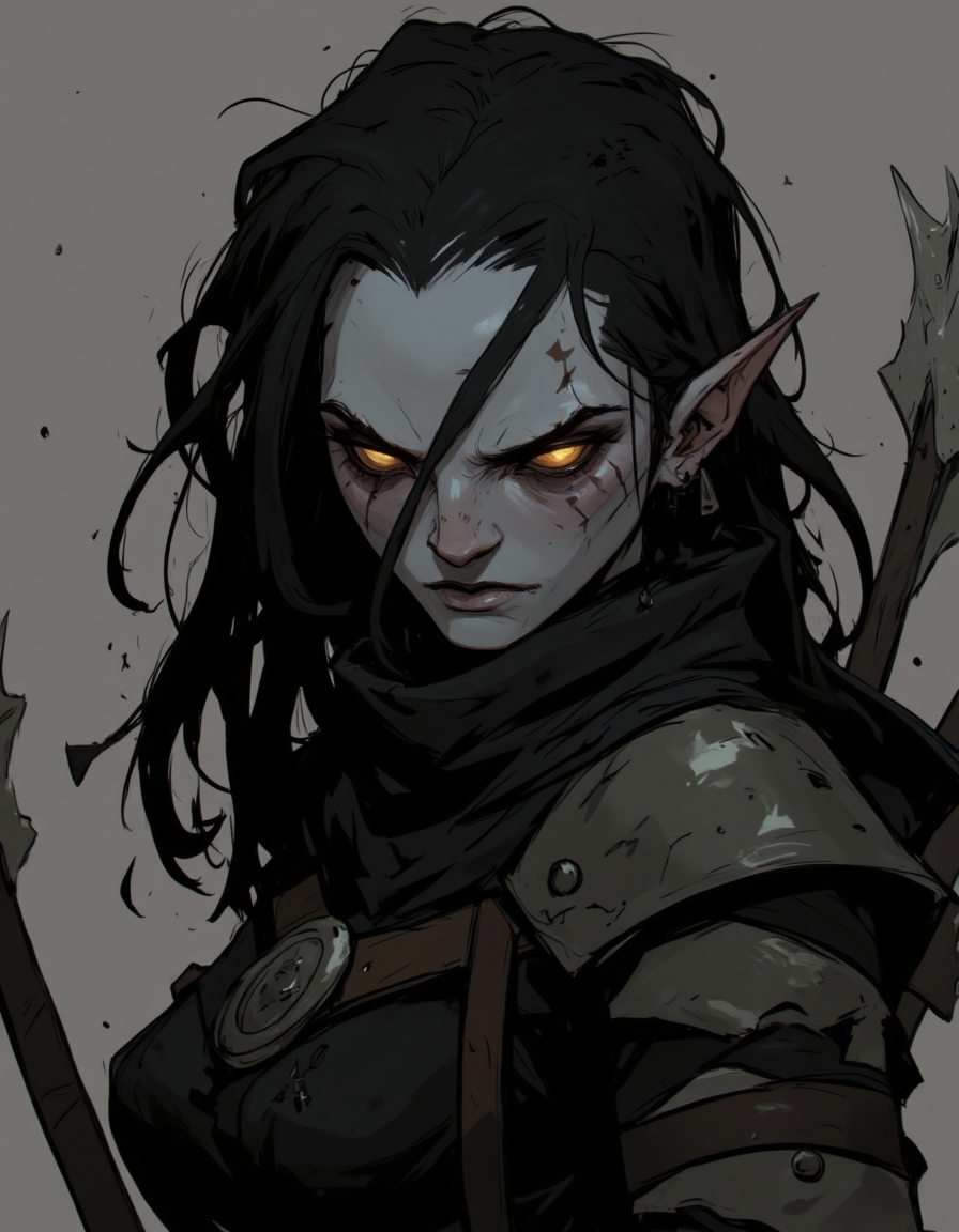 Ev Ganin style. This is a digital drawing in a detailed, dark fantasy art style, showcasing a fierce, elven warrior. The character is depicted from the shoulders up, with a strong emphasis on her menacing expression and detailed features. She has piercing, glowing yellow eyes that contrast sharply with her pale, gaunt face, giving her a menacing appearance. <lora:Ev_Ganin:1.0>