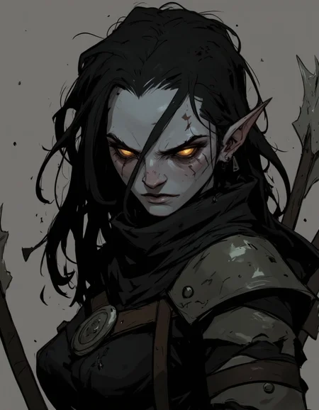 Ev Ganin style. This is a digital drawing in a detailed, dark fantasy art style, showcasing a fierce, elven warrior. The character is depicted from the shoulders up, with a strong emphasis on her menacing expression and detailed features. She has piercing, glowing yellow eyes that contrast sharply with her pale, gaunt face, giving her a menacing appearance. <lora:Ev_Ganin:1.0>