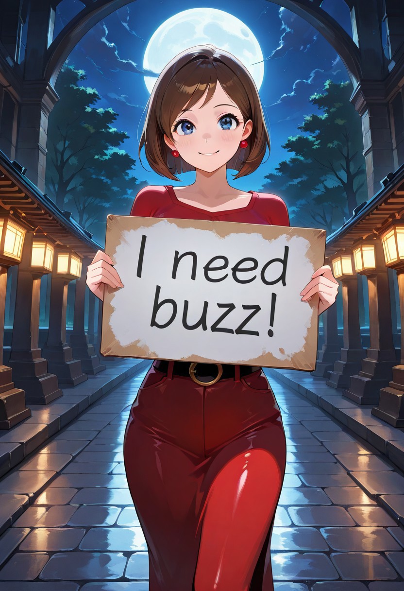 score_9, score_8_up, score_7_up, masterpiece, best quality, amazing quality, extremely detailed, absurdres, adult, 1girl, Helen Parr, solo, night, moonlight, standing on dark temple in hell, holding sign, "need buzz!" is written on the sign, need_buzz, smile, looking at viewer, eye contact, highly detailed, soft colors.