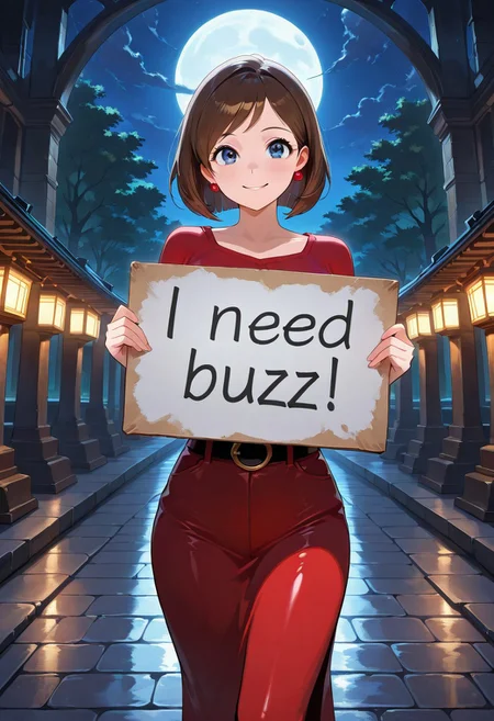 score_9, score_8_up, score_7_up, masterpiece, best quality, amazing quality, extremely detailed, absurdres, adult, 1girl, Helen Parr, solo, night, moonlight, standing on dark temple in hell, holding sign, "need buzz!" is written on the sign, need_buzz, smile, looking at viewer, eye contact, highly detailed, soft colors.
