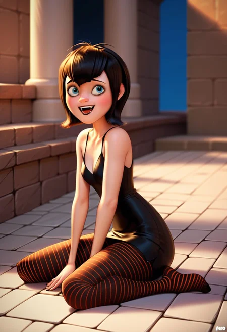 score_9, score_8, score_7, score_6, rating_questionable, Mavis, pantyhose, 1girl, sitting on a stone floor, castle, sexy pose, happy, small vampire fangs, shoulders exposed