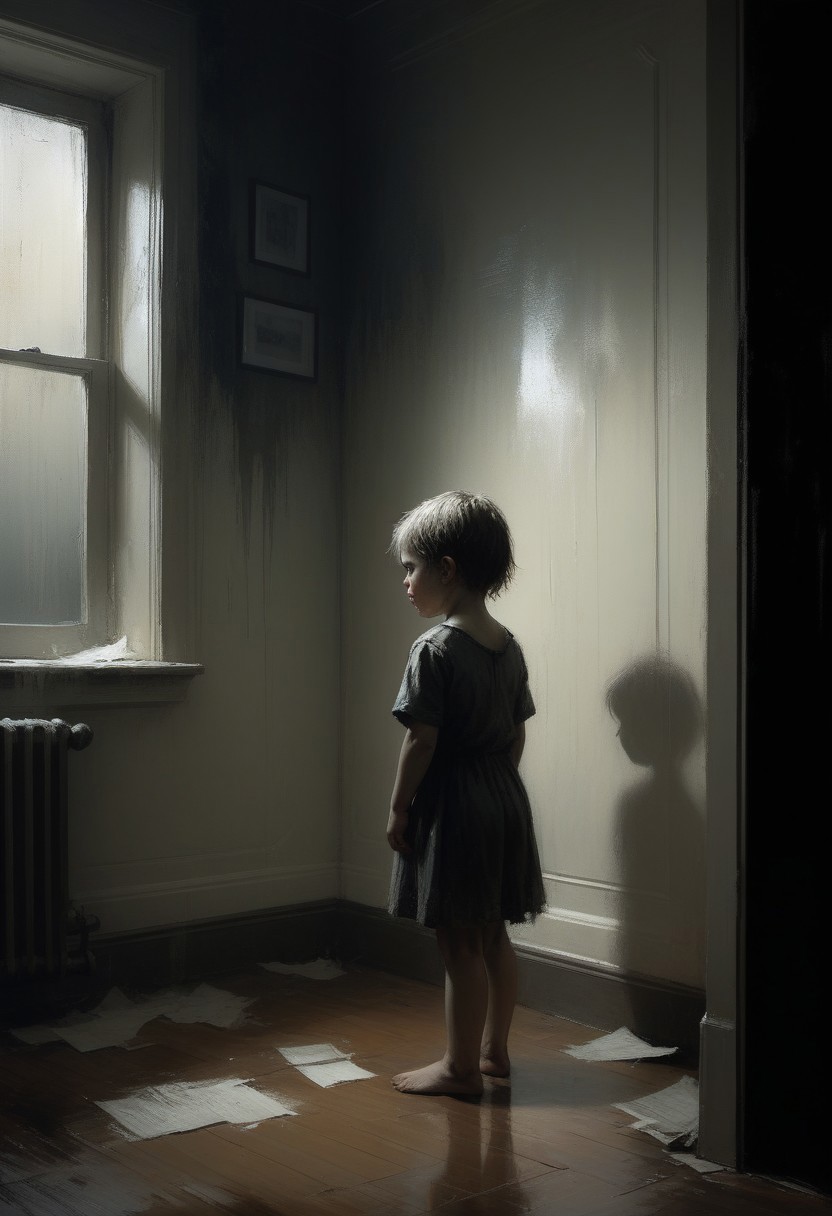 (In the corner of the room there is a little one standing and crying) A beautiful cinematic impressionistic picture, a dark dramatic character, in the style of Jeremy Mann and Charles Dana Gibson, Mark Demsteader, Paul Headley. Spartak Mukanov.