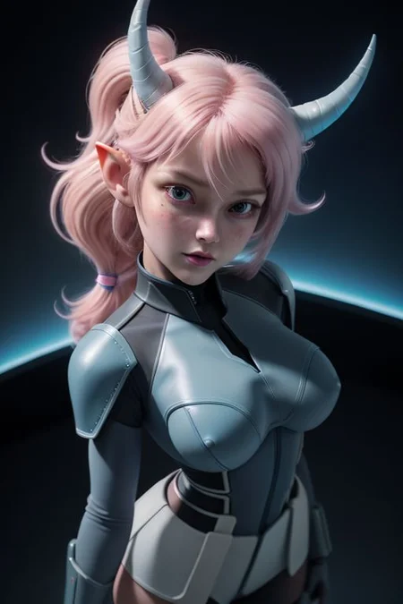 (8k uhd, masterpiece, best quality, high quality, ultra-detailed), futuristic large dark room, no windows, walls obscured by darkness, single woman center frame, futanari, veiny penis, proud posture, look straight ahead, Elf ears, ((small curled horns)), blindfold, futuristic functional blue and white military service uniform, high heels, ((futuristic prostetic limbs)), (((big tits, heavy tits, saggy tits))), medium length hair, mess ponytail, light pink hair, (long skin colored Tail), light freckles, light from above, dramatic lighting