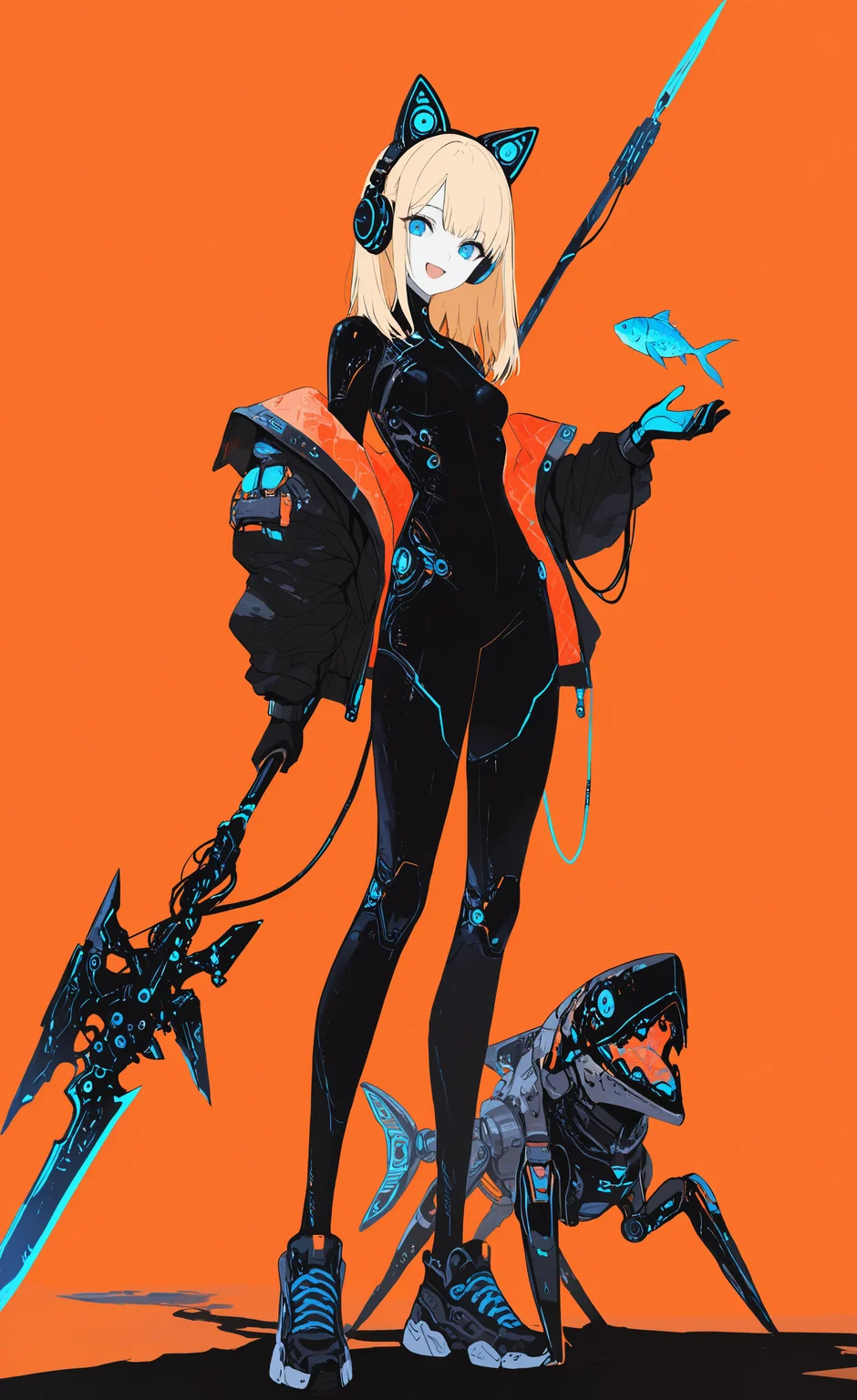 masterpiece, best quality, good quality, very awa, newest, highres, absurdres, 1girl, solo, long hair, breasts, looking at viewer, smile, open mouth, blue eyes, blonde hair, gloves, holding, animal ears, standing, jacket, full body, weapon, :d, small breasts, shoes, medium hair, holding weapon, fake animal ears, bodysuit, shadow, headphones, robot, polearm, science fiction, fish, orange background, black bodysuit, cable, holding polearm, animal ear headphones, non-humanoid robot, mechanical ears, robot animal, limited palette, <lora:illustriousXL_stabilizer_v1.23:0.3> <lora:NOOB_vp1_detailer_by_volnovik_v1:0.3> <lora:ponyv6_noobE11_2_adamW-000017:0.3> <lora:114558v4df2fsdf5:0.6> <lora:XXX667:0.4> <lora:mon_monmon2133:0.5>