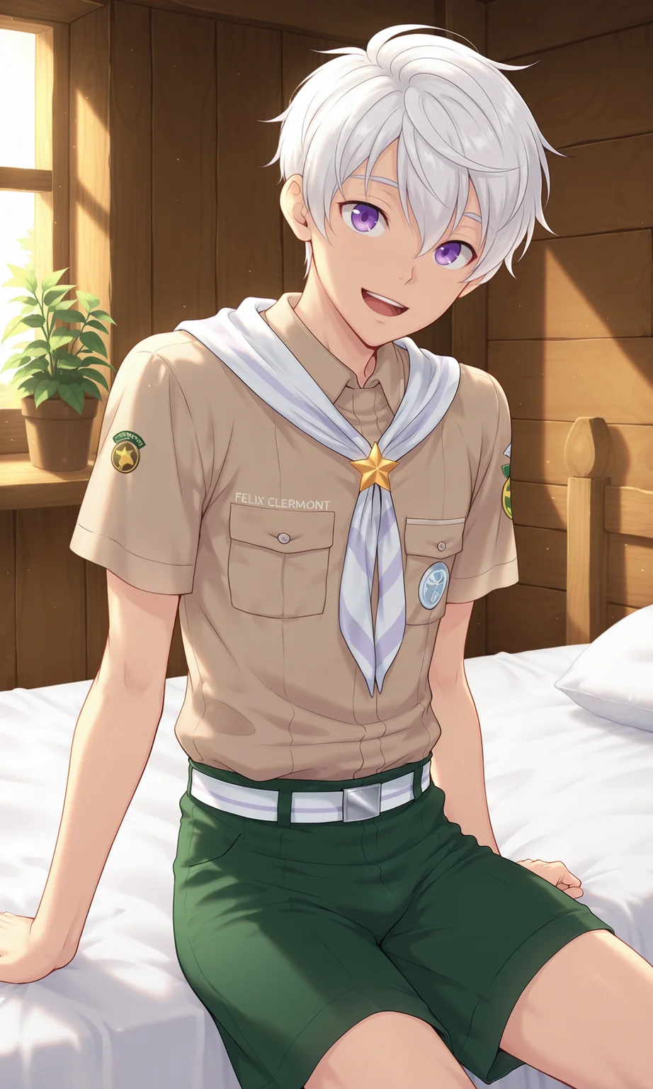 1boy, male focus, slim, Felix, solo, looking at viewer, white hair, purple eyes, open mouth, smile, brown-grey shirt, badge, short sleeves, green shorts, white belt, white stripped neckerchief, star on necktie, shaded, sitting, on bed, cabin, single bed, indoors plants, indoors, (masterpiece:1.35), (very aesthetic, best quality:1.3), detailed shading, detailed skin, realistic shading, highly detailed, intricate details, masterful composition, cinematic lighting, close-up, <lora:Felix_XL_V10_ILL:1>