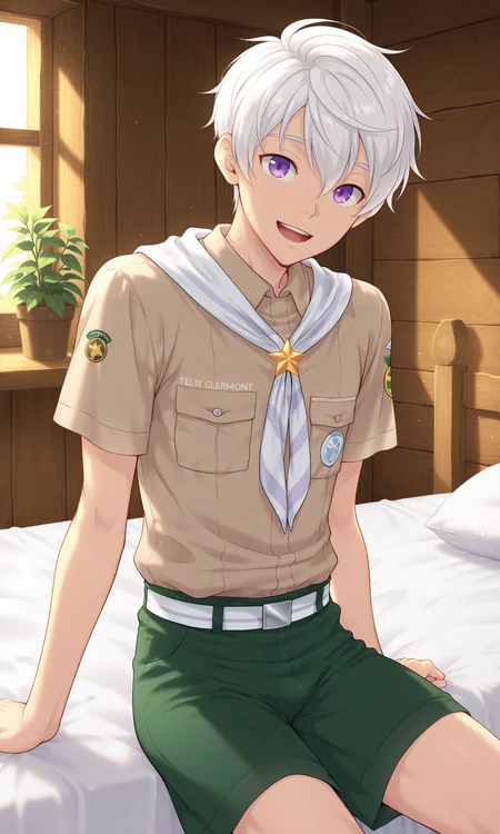 1boy, male focus, slim, Felix, solo, looking at viewer, white hair, purple eyes, open mouth, smile, brown-grey shirt, badge, short sleeves, green shorts, white belt, white stripped neckerchief, star on necktie, shaded, sitting, on bed, cabin, single bed, indoors plants, indoors, (masterpiece:1.35), (very aesthetic, best quality:1.3), detailed shading, detailed skin, realistic shading, highly detailed, intricate details, masterful composition, cinematic lighting, close-up, <lora:Felix_XL_V10_ILL:1>