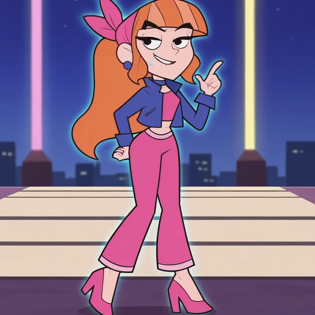 1girl, 2d artwork,masterpiece, ((anime style:1.3, anime eyes, detailed eyes))looking at viewers, cowboy shot, smiling,cute,((detailed city background, night city:1.6,neon lights)) wide hips, <lora:teodoraponyv2:0.8> teodora, score_9, score_8_up, score_8, source_anime, teodorapony, 1girl, solo, jewelry, earrings, long hair, orange hair, black eyes, bandana, bangs, ponytail, high heels, blunt bangs,jacket, midriff, baggy sweatpants, choker, high heels,(depth of field:1.5),looking at viewers, smug, smiles, perfect eyes