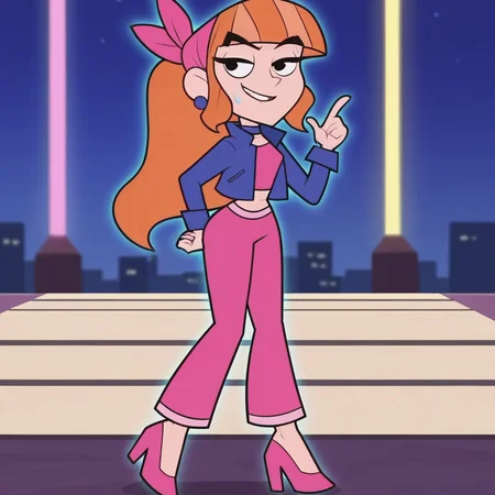 1girl, 2d artwork,masterpiece, ((anime style:1.3, anime eyes, detailed eyes))looking at viewers, cowboy shot, smiling,cute,((detailed city background, night city:1.6,neon lights)) wide hips, <lora:teodoraponyv2:0.8> teodora, score_9, score_8_up, score_8, source_anime, teodorapony, 1girl, solo, jewelry, earrings, long hair, orange hair, black eyes, bandana, bangs, ponytail, high heels, blunt bangs,jacket, midriff, baggy sweatpants, choker, high heels,(depth of field:1.5),looking at viewers, smug, smiles, perfect eyes
