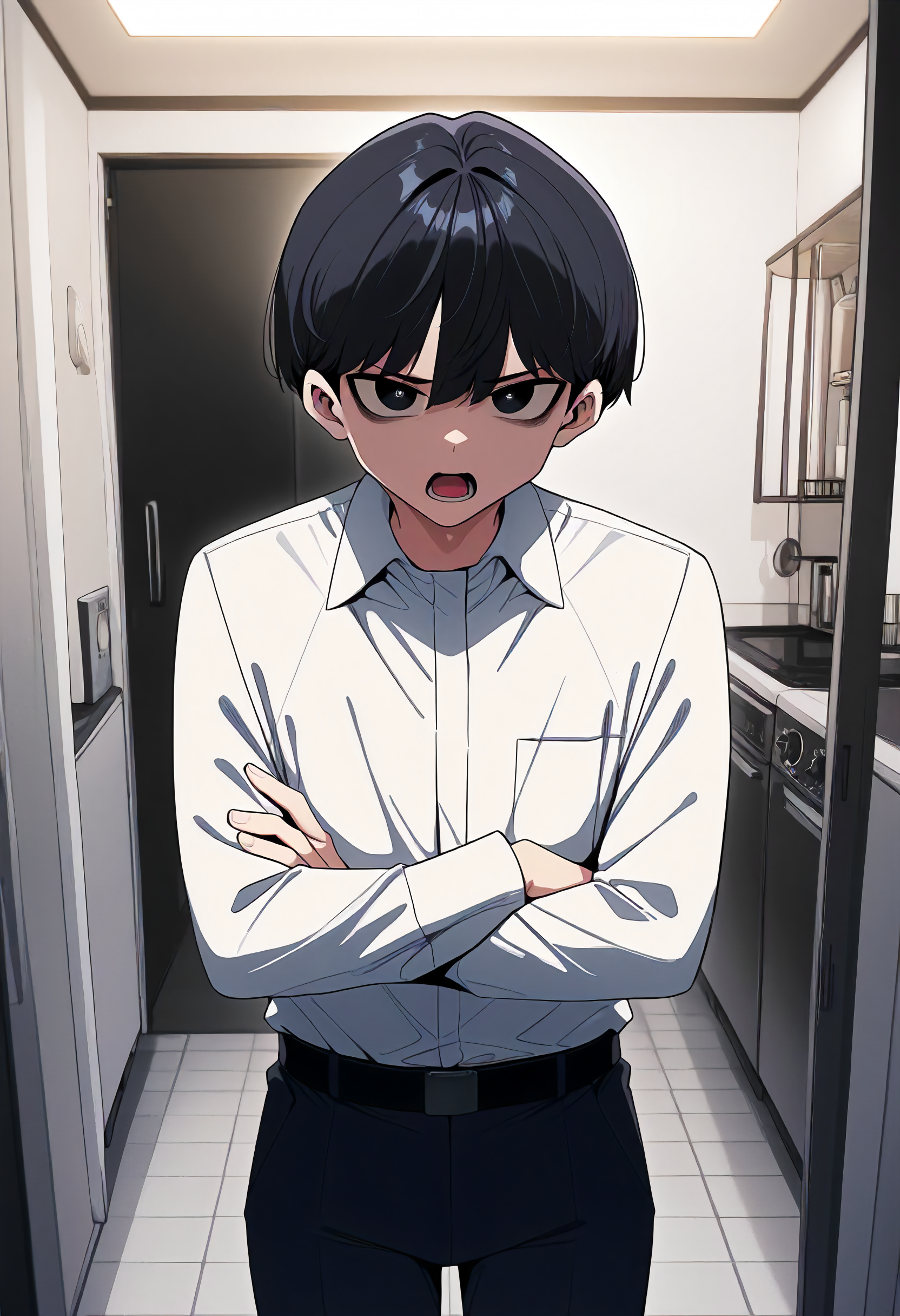masterpiece, best quality, amazing quality, very aesthetic, absurdres, newest, scenery, volumetric lighting, perfect eyes, ultra detailed,
1boy, solo, male, black hair, short hair,, black eyes, short, petite,
formal clothes, white shirt, black pants, belt, 
standing, looking at viewer, crossed arms, open mouth, serious,
kitchen, detailed background,
<lora:Someone_Stop_Her_-_Manhwa__Illustrious:1>
masterpiece, best quality, amazing quality, very aesthetic, absurdres, newest, scenery, volumetric lighting, perfect eyes, ultra detailed,
