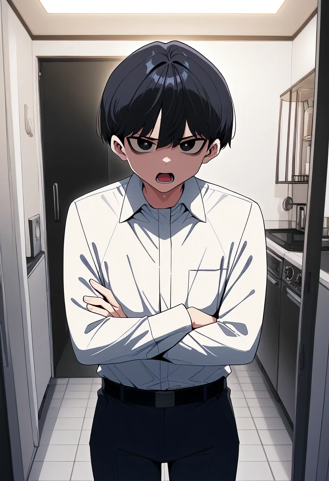 masterpiece, best quality, amazing quality, very aesthetic, absurdres, newest, scenery, volumetric lighting, perfect eyes, ultra detailed,
1boy, solo, male, black hair, short hair,, black eyes, short, petite,
formal clothes, white shirt, black pants, belt,
standing, looking at viewer, crossed arms, open mouth, serious,
kitchen, detailed background,
<lora:Someone_Stop_Her_-_Manhwa__Illustrious:1>
masterpiece, best quality, amazing quality, very aesthetic, absurdres, newest, scenery, volumetric lighting, perfect eyes, ultra detailed,