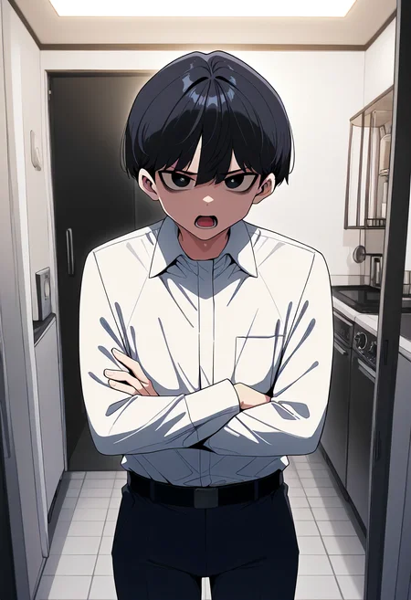 masterpiece, best quality, amazing quality, very aesthetic, absurdres, newest, scenery, volumetric lighting, perfect eyes, ultra detailed,
1boy, solo, male, black hair, short hair,, black eyes, short, petite,
formal clothes, white shirt, black pants, belt, 
standing, looking at viewer, crossed arms, open mouth, serious,
kitchen, detailed background,
<lora:Someone_Stop_Her_-_Manhwa__Illustrious:1>
masterpiece, best quality, amazing quality, very aesthetic, absurdres, newest, scenery, volumetric lighting, perfect eyes, ultra detailed,
