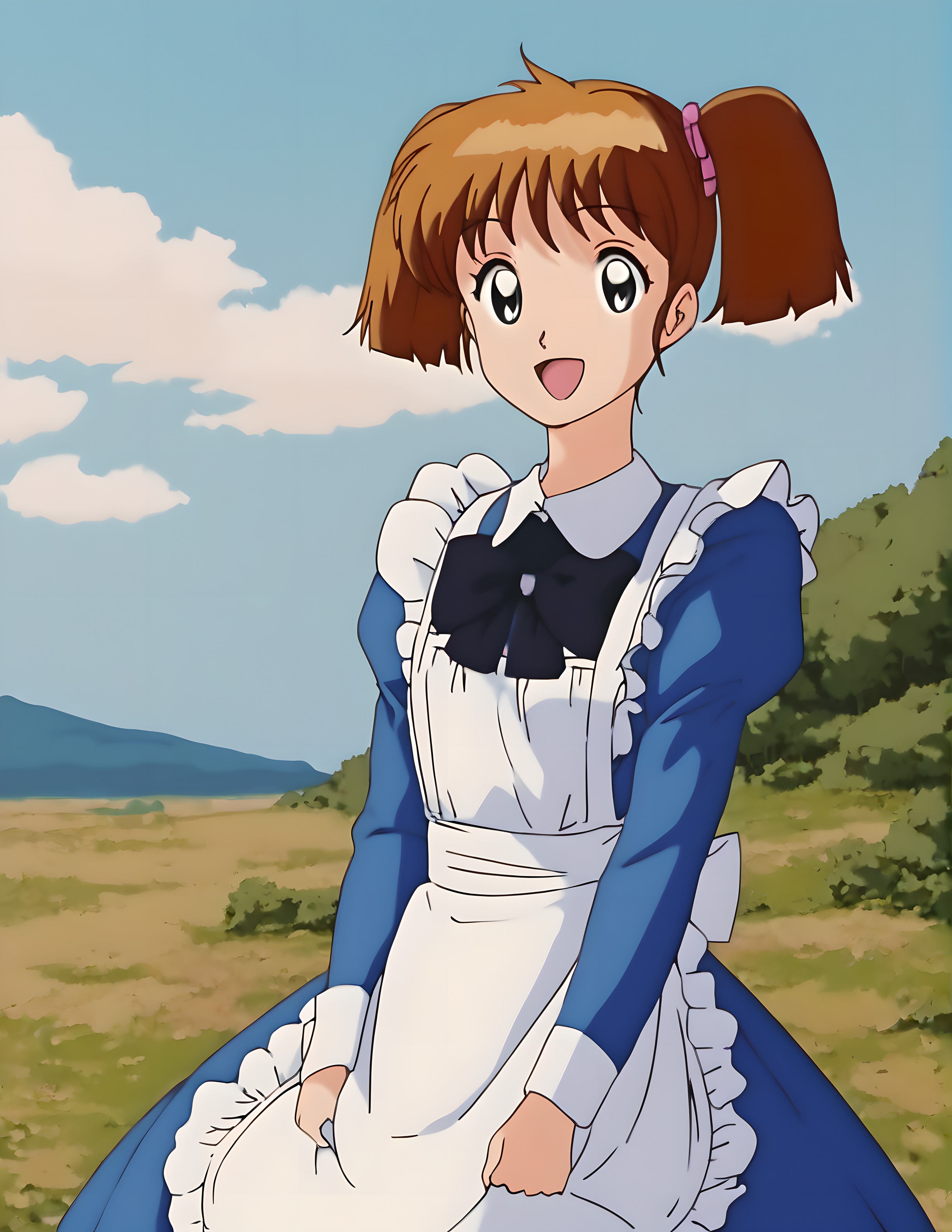 <lora:pony_xl_tomo>,tomo,1girl,best quality,masterpiece,super fine illustration,twintails,short hair,solo,happy,;d,smile,light blue dress,maid apron,white apron,frilled apron,long sleeves,nature,in a meadow,day,blue sky,cloud,cowboy_shot,standing,skirt_hold,