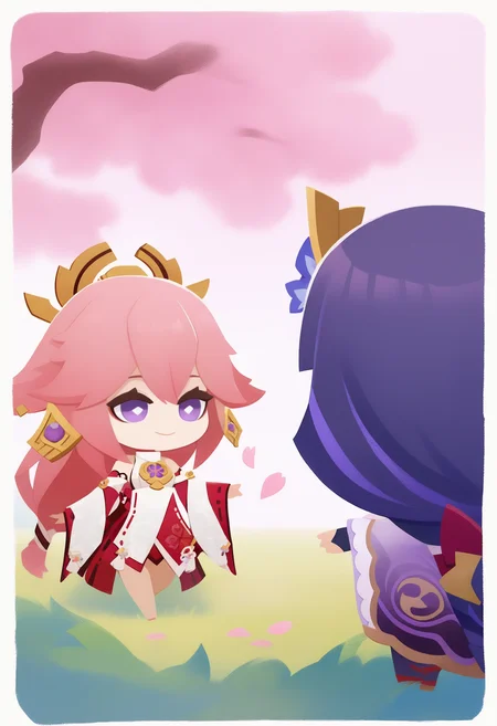 onmyojistyle, chibi, masterpiece, best quality, <break> white border, multiple girls, 2girls, raiden shogun, yae miko, genshin impact, smile, looking at another, outdoors, day, cherry blossoms, grass
<segment:yolo-Anzhc Face seg 640 v2 y8n.pt,0.4,0.5//cid=1>
