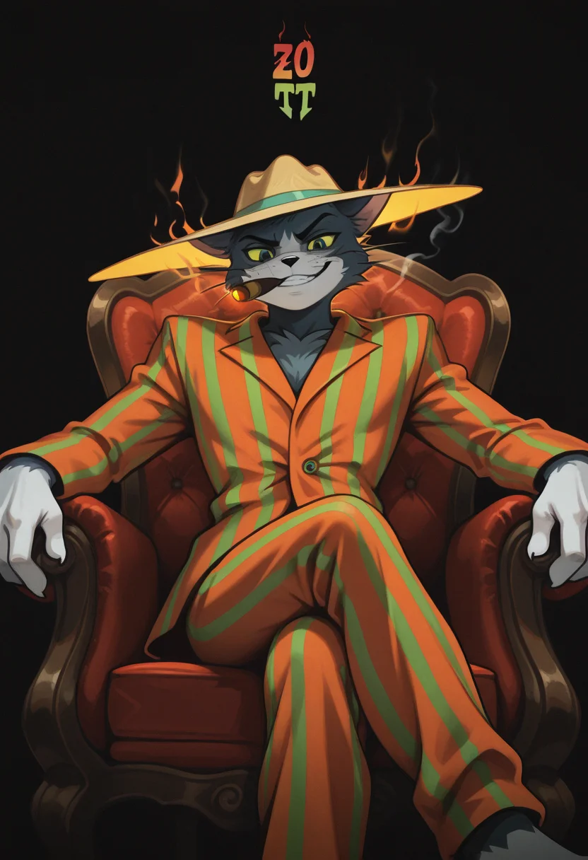 masterpiece, best quality, Graphic Design, color art, vibrant colors, colorful, intricate details, high contrast, detailed background, beautiful detailed, beautiful face, detailed eyes, detailed face, new, newest, z00tt0m, 1boy, solo, male focus, furry, cat, yellow sclera, green eyes, grey fur, whiskers, hat, formal, suit, striped jacket, striped pants, simple background, black background, cowboy shot, dynamic pose, orange aura, menacing, looking at viewer, grin, cigar in mouth, smoking, armchair, sitting, low angle, from below, crossed legs, dark,