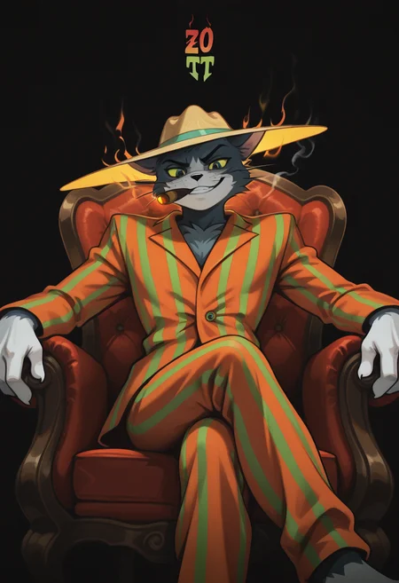 masterpiece, best quality, Graphic Design, color art, vibrant colors, colorful, intricate details, high contrast, detailed background, beautiful detailed, beautiful face, detailed eyes, detailed face, new, newest, z00tt0m, 1boy, solo, male focus, furry, cat, yellow sclera, green eyes, grey fur, whiskers, hat, formal, suit, striped jacket, striped pants, simple background, black background, cowboy shot, dynamic pose, orange aura, menacing, looking at viewer, grin, cigar in mouth, smoking, armchair, sitting, low angle, from below, crossed legs, dark,