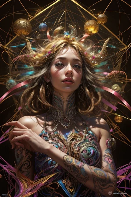 (((1girl))),(geometric abstract background:1.4), esoteric, depth of field (zentangle, mandala, tangle, entangle) (photorealistic:1.4), official art, unity 8k wallpaper, ultra detailed, beautiful and aesthetic, masterpiece,best quality, (dynamic angle:1.4), glowing skin, (floating colorful sparkles:1) the most beautiful form of chaos, elegant, a brutalist designed, vivid colours, romanticism,back to camera,