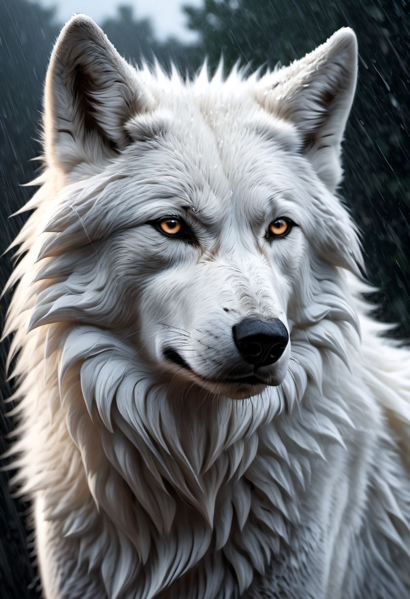 white wolf, sad, determined. lonely wolf, abandoned by his pack, looking at his friends from far away, (((howling)))m white fur, Royal, nobel, non-apologetic, in a heavy rain, full moon, it's head is down, Photorealistic, volumetric shading, Hyperdetailed, Dystopian, Elemental, Ethereal, Photorealistic, perfect composition, beautiful detailed, 8k artistic photography, soft natural volumetric cinematic perfect light, award - winning photograph, masterpiece,