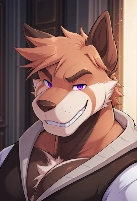 <lora:OwenLoreleiV3:1>, owen lorelei, solo, grin, purple eyes, orange fur, male, muscular, dynamic angle, face focus, portrait, jacket, white sleeves, BREAK masterpiece, best quality, amazing quality, very aesthetic, high resolution, 4K, ultra-detailed, depth of field, separate focus, newest, detailed background, beautiful, cinematic lighting, detailed eyes, furry