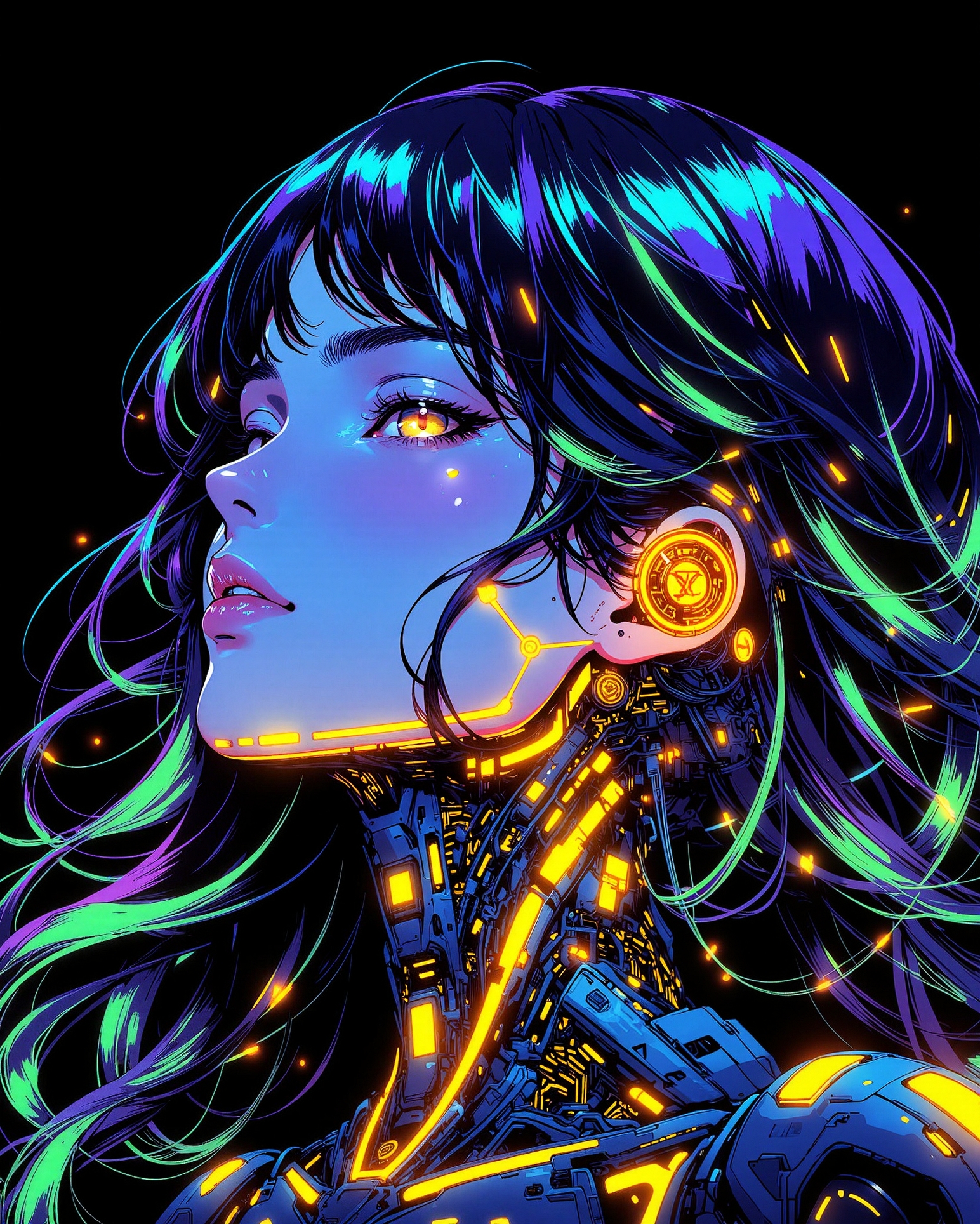 A digital anime artwork in the style of cklg, A striking close-up portrait of a woman with radiant beauty, her long, wavy hair flowing like a cascade of iridescent colors—vivid blues, purples, and greens shimmering as if infused with light. Subtle mechanical features, such as sleek metallic plating and intricate, glowing circuits, trace her jawline and neck in golden and orange hues, creating a stunning contrast against her cool-toned hair. The chiaroscuro lighting deepens the shadows, while vibrant neon lights in complementary colors—electric blue and golden orange—illuminate her features and cybernetic enhancements. The black background enhances the glow, with faint, colorful reflections dancing around her. Her expression is serene yet enigmatic, like a futuristic goddess glowing with an otherworldly, colorful aura.