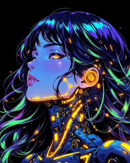 A digital anime artwork in the style of cklg, A striking close-up portrait of a woman with radiant beauty, her long, wavy hair flowing like a cascade of iridescent colors—vivid blues, purples, and greens shimmering as if infused with light. Subtle mechanical features, such as sleek metallic plating and intricate, glowing circuits, trace her jawline and neck in golden and orange hues, creating a stunning contrast against her cool-toned hair. The chiaroscuro lighting deepens the shadows, while vibrant neon lights in complementary colors—electric blue and golden orange—illuminate her features and cybernetic enhancements. The black background enhances the glow, with faint, colorful reflections dancing around her. Her expression is serene yet enigmatic, like a futuristic goddess glowing with an otherworldly, colorful aura.