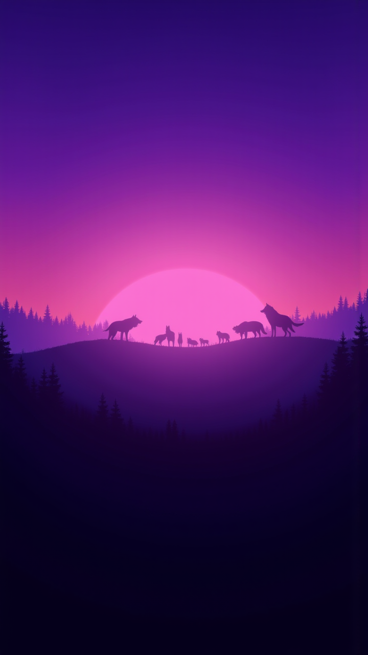 landscape of a The sky is a deep shade of purple as the sun begins to set. In the distance, a group of wolves huddle together, their shadows dancing across the landscape. aidmaimageupgrader