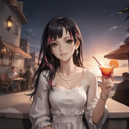 score_9_up, score_9, score_8_up, score_7_up, rating_explicit, , lora:748cmSDXL:1, best quality, masterpiece, perfect composition, official art, 748cmstyle, 1girl, pearl necklace, woven bracelets, holding a margarita in a coupette glass, salted rim, coral pink color drink, orange wedge on rim, looking at viewer, cute smile, dynamic pose, standing, beach scenery, seaside, dusk, bay, rocks, umbrella, beach chairs, beach lights, city lights in the distance, white plastic table, navy sky with soft pink highlights, clouds, volumetric lighting, perfect lighting, correct illumination, dark lighting, warm light, chiaroscuro,, Expressiveh, as109 Shoujo, Long black hair, Dark eyes, fair skin, Lace details, Doll-like appearance, Delicate features, Formal dress style, shoujo01,green eyes,long hair,black hair,