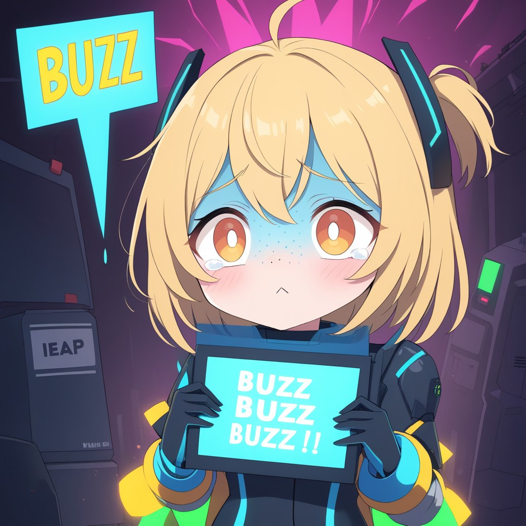 1robot, female, with holographic skin, freckles, blonde hair, pleading, big eyes, pupils dilated, tears, :<, holding a sign that says 'buzz?'
BREAK
Electric neon hellscape, detailed kandinsky style masterpiece