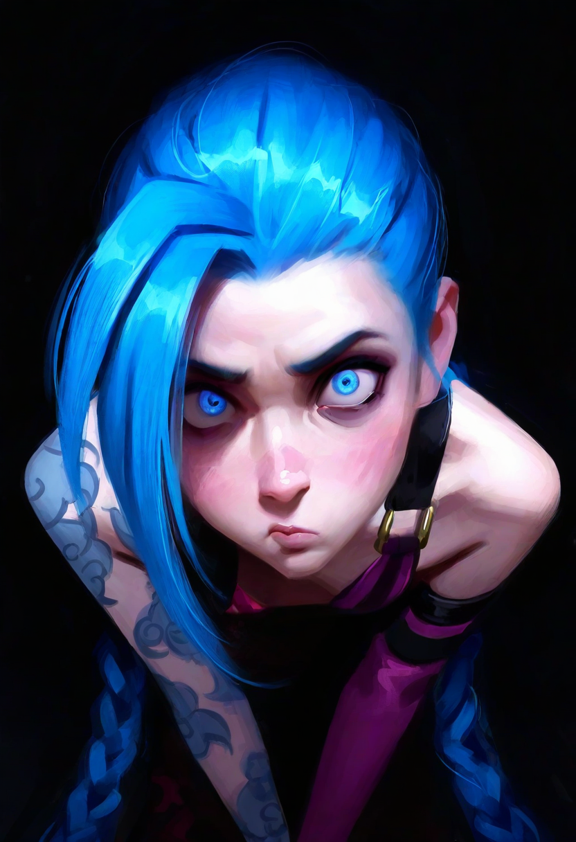 zeb1jy,  masterpiece, semi-realism,  best quality, solo,                                jinx\(league_of_legends\), blue hair, ultra detailed eyes, skinny, blue hair, crazy, leaning over,  fisheye lens, pouting, 